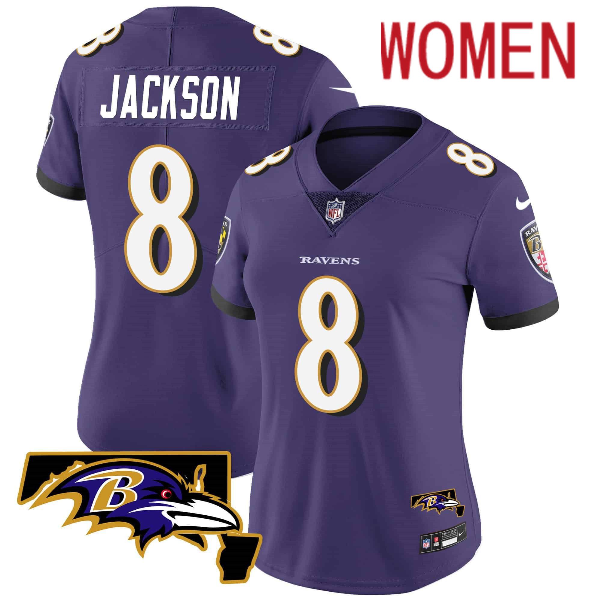 Women Baltimore Ravens 8 Jackson Purple 2024 Nike Maryland Patch Vapor Limited NFL Jersey style 1